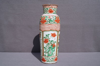 A tall Chinese wucai rouleau vase, Transitional period or Kangxi